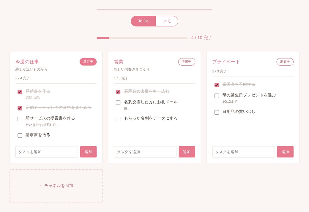 ToDoの画面。今週の仕事、営業、プライベートのチャネルにタスクが並んでいる